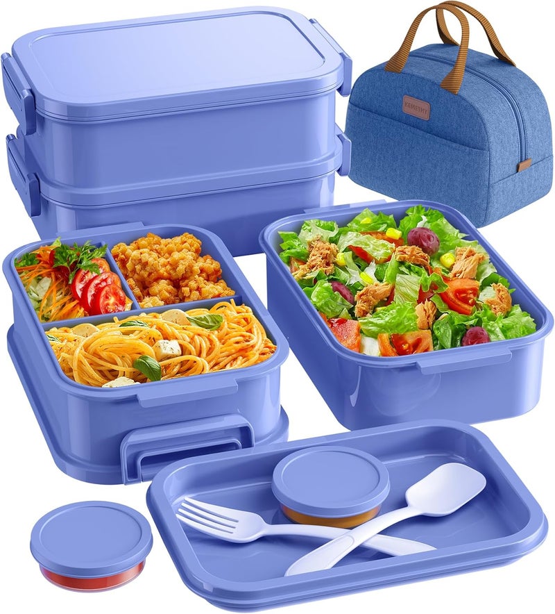 KEMETHY Adults Bento Lunch Box Set with Thermo Bag, 74oz Stackable Leak-proof 3-tiers Bento Box, Built-in Utensil and Sauce Container for Work, School, Dining Out (Purple) - Image 1